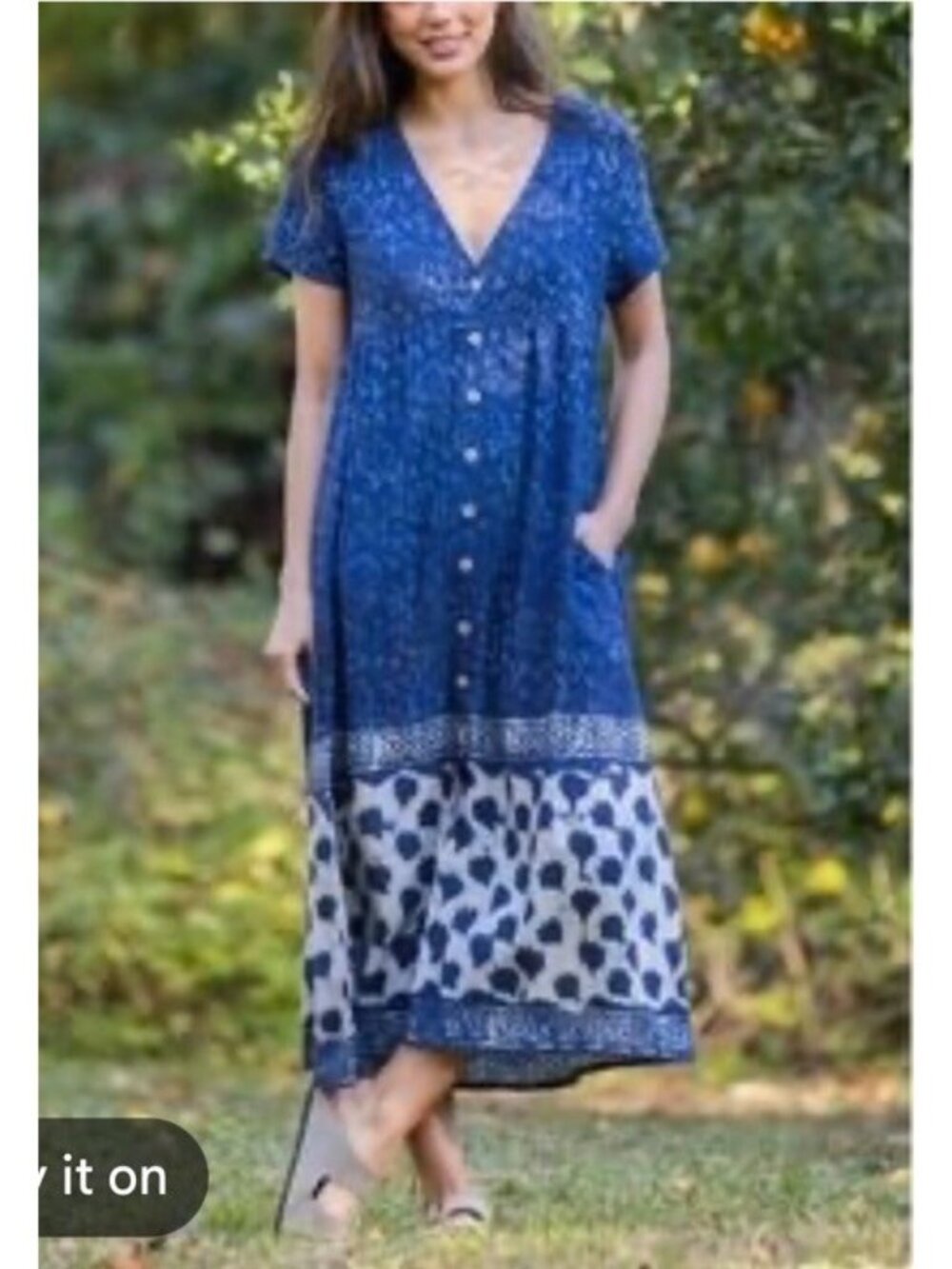 Natural Life Avery Button Front Midi Dress XL Pockets Blue Shibori Boho Indie.